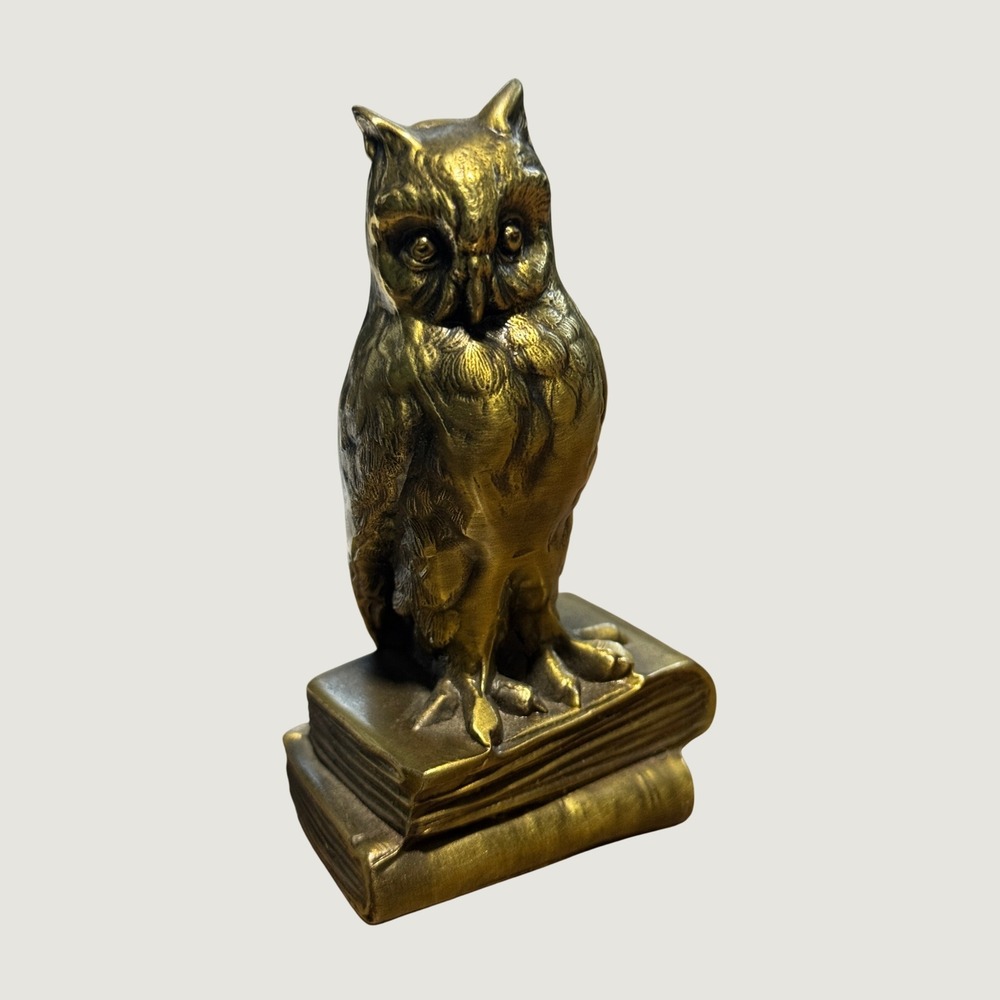 Vintage Brass Owl on Books Figurine Library Decor